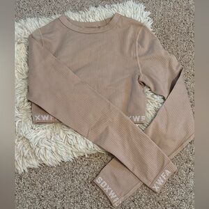 White Fox Boutique SARAHS DAY X WHITE FOX Taupe Long Sleeve Crop workout Top